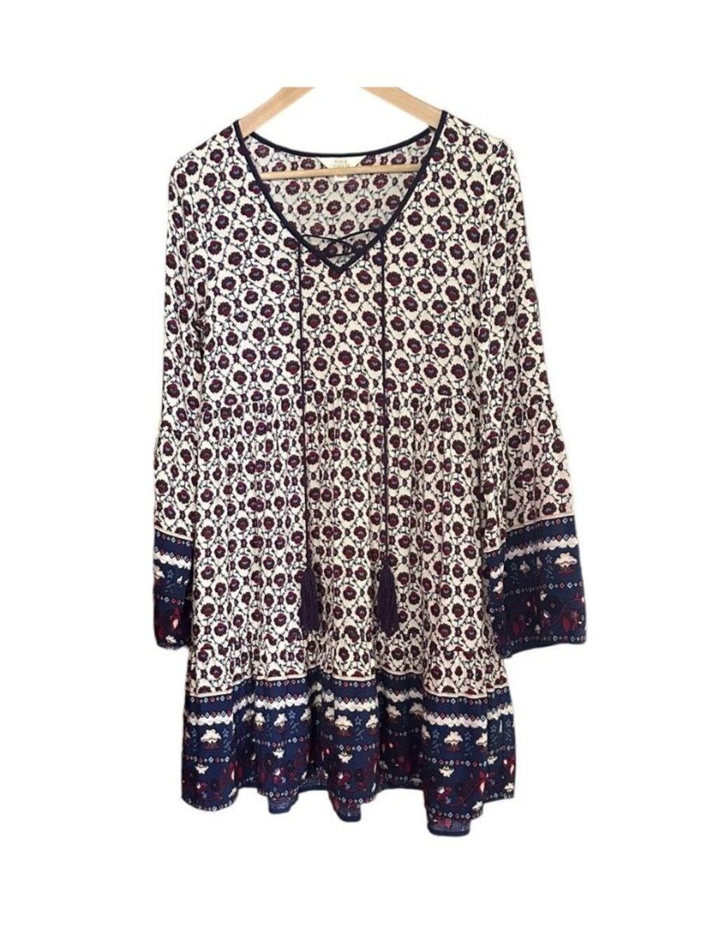 Sun & Shadow Tunic Blouse Size XS Oversized Boho Long Flowy Floral Navy Blue